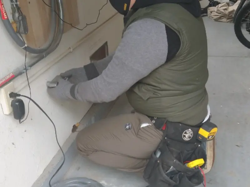 Electrician performing outlet wiring in a Sellersville garage